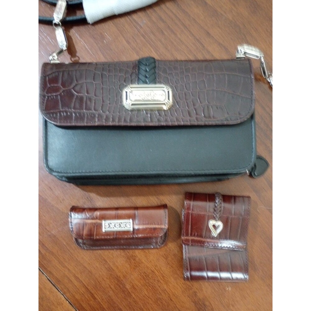 Brighton Dover Embossed Black Leather Crossbody Organizer w/Accessories - New!